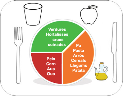 Aliments reguladors: verdures, hortalisses, crues i cuinades; aliments energ&egrave;tics: pa, pasta, arr&ograve;s, cereals, llegums, patata; aliments constructors: peix, carn, aus, ous