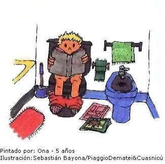 Ni&ntilde;o en el cuarto de ba&ntilde;o haciendo sus necesidades leyendo