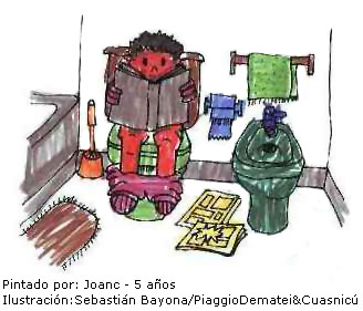Ni&ntilde;o en el cuarto de ba&ntilde;o haciendo sus necesidades y leyendo