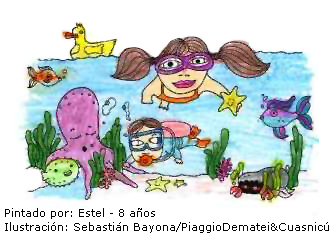 Dibujo divertirse pintado por Estel de 8 años Niños buceando en el mar